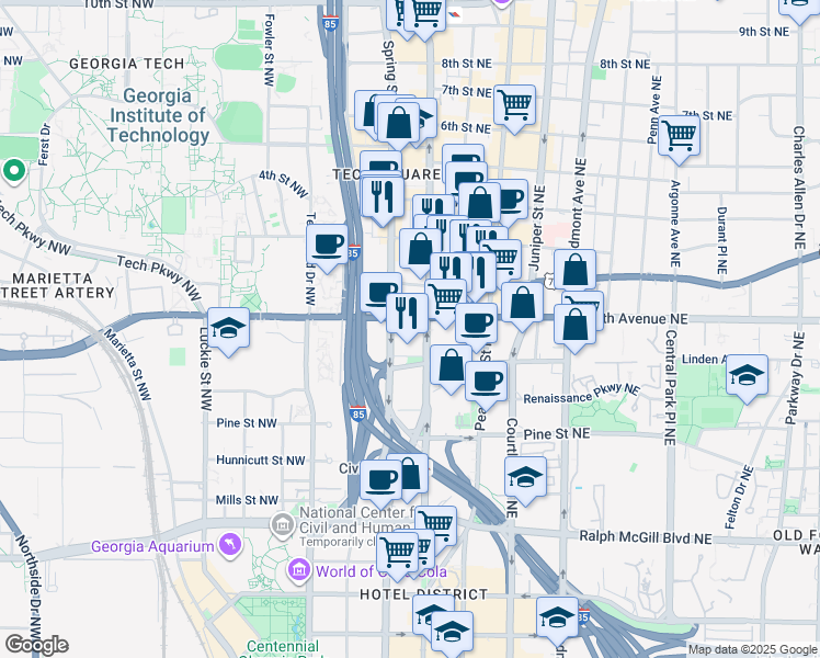 map of restaurants, bars, coffee shops, grocery stores, and more near 600 West Peachtree Street Northwest in Atlanta
