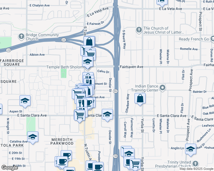 map of restaurants, bars, coffee shops, grocery stores, and more near 2326 Grovemont Street in Santa Ana