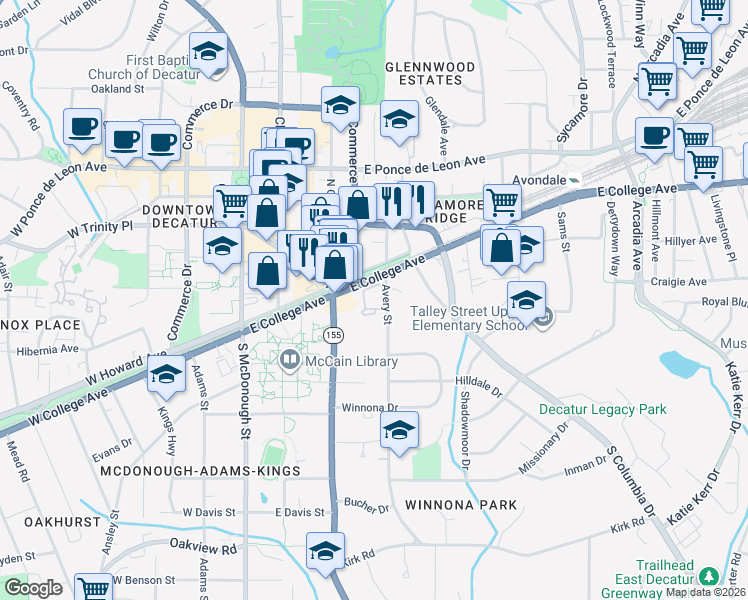 map of restaurants, bars, coffee shops, grocery stores, and more near 339 East College Avenue in Decatur