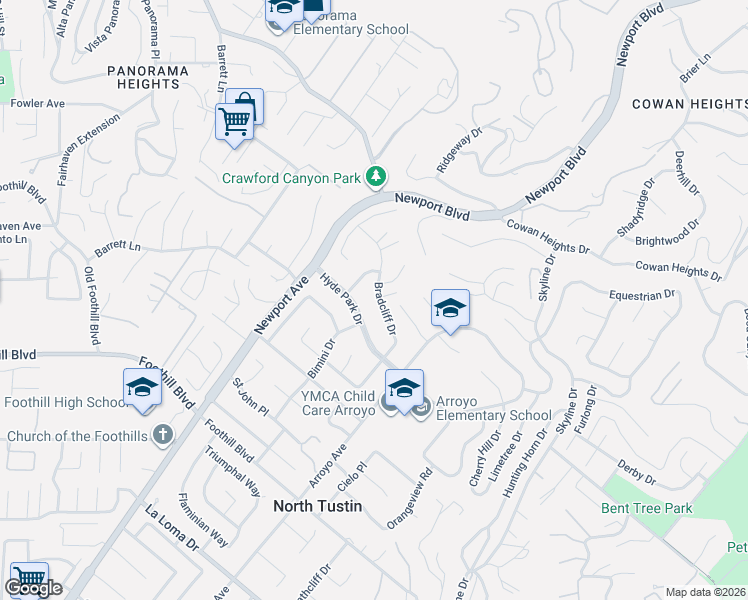 map of restaurants, bars, coffee shops, grocery stores, and more near 1132 Bradcliff Drive in Santa Ana