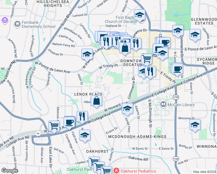 map of restaurants, bars, coffee shops, grocery stores, and more near 105 Mary Gay Court in Decatur