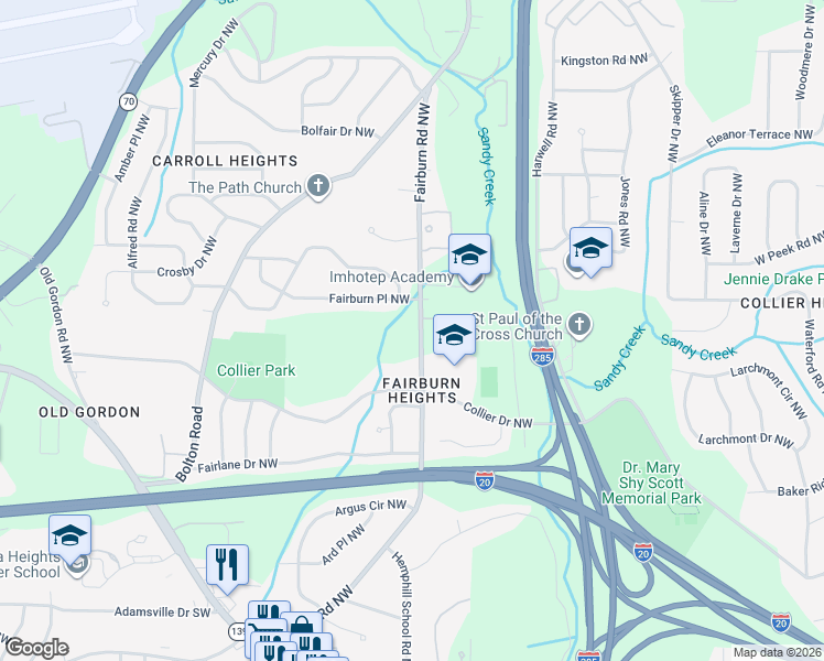 map of restaurants, bars, coffee shops, grocery stores, and more near 574 Fairburn Road Northwest in Atlanta