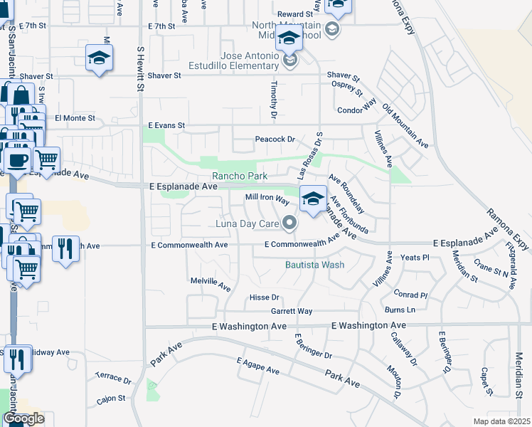 map of restaurants, bars, coffee shops, grocery stores, and more near 1641 Arenas Lane in San Jacinto