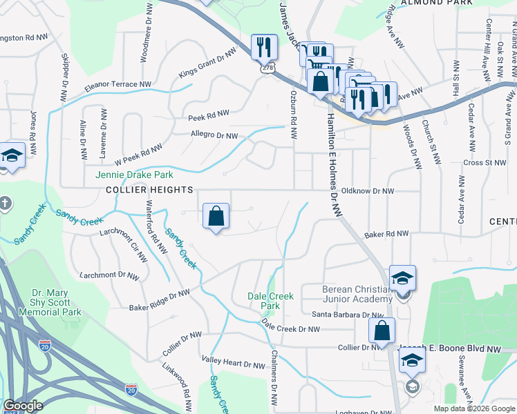 map of restaurants, bars, coffee shops, grocery stores, and more near 2803 Handy Drive Northwest in Atlanta