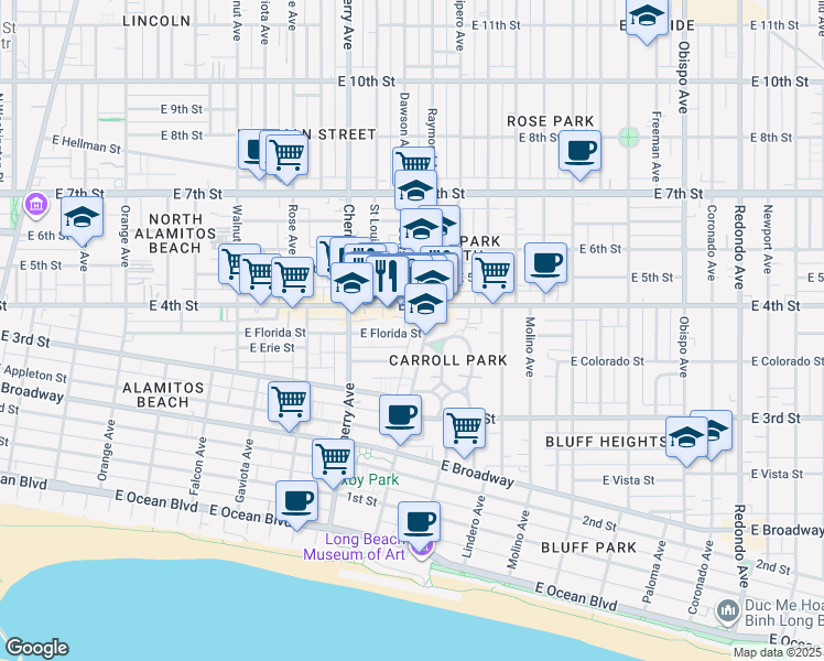 map of restaurants, bars, coffee shops, grocery stores, and more near 2215 East Florida Street in Long Beach