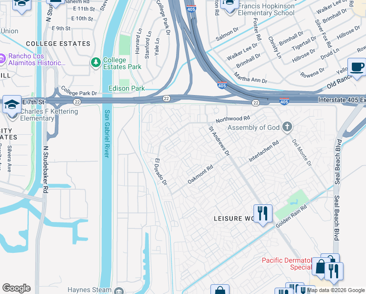 map of restaurants, bars, coffee shops, grocery stores, and more near 13220 Southport Lane in Seal Beach