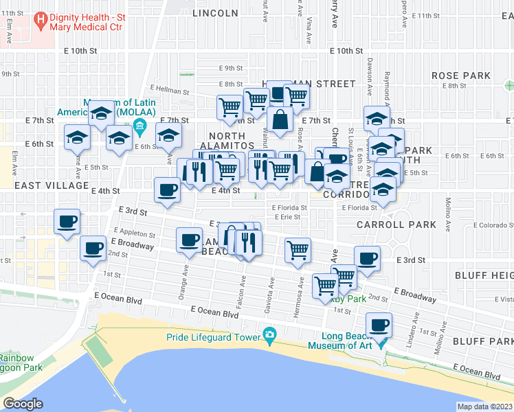 map of restaurants, bars, coffee shops, grocery stores, and more near 1529 East Florida Street in Long Beach