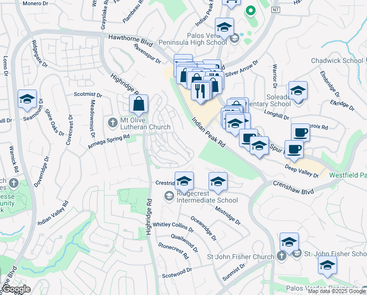 map of restaurants, bars, coffee shops, grocery stores, and more near 85 Aspen Way in Rolling Hills Estates