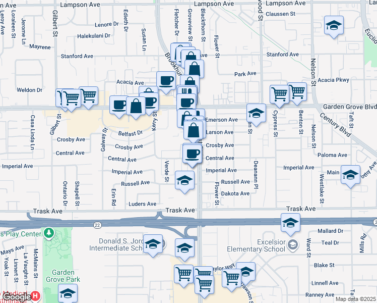 map of restaurants, bars, coffee shops, grocery stores, and more near in Garden Grove