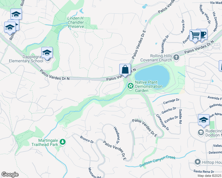 map of restaurants, bars, coffee shops, grocery stores, and more near 42 Hitching Post Drive in Rolling Hills Estates