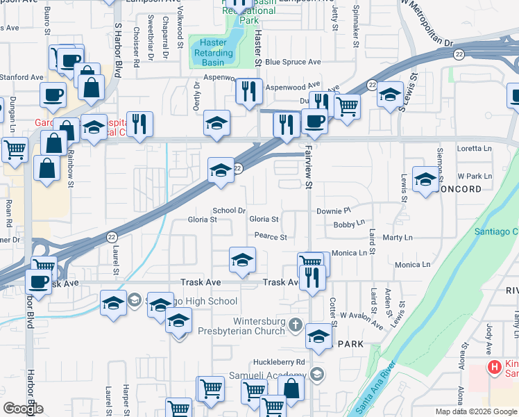 map of restaurants, bars, coffee shops, grocery stores, and more near 12802 Downie Place in Garden Grove