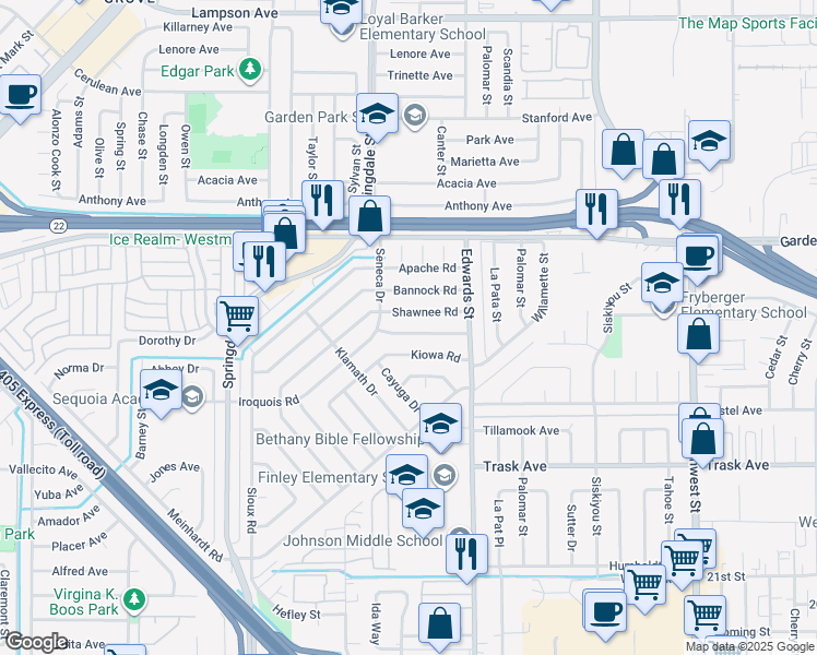map of restaurants, bars, coffee shops, grocery stores, and more near 6371 Iroquois Road in Westminster