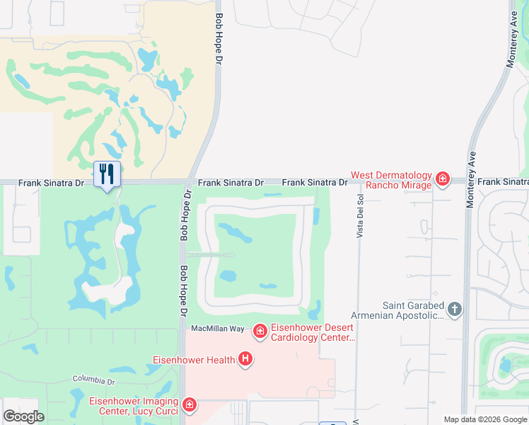 map of restaurants, bars, coffee shops, grocery stores, and more near 66 North Kavenish Drive in Rancho Mirage