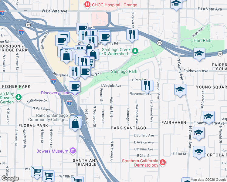 map of restaurants, bars, coffee shops, grocery stores, and more near 2545 Valencia Street North in Santa Ana