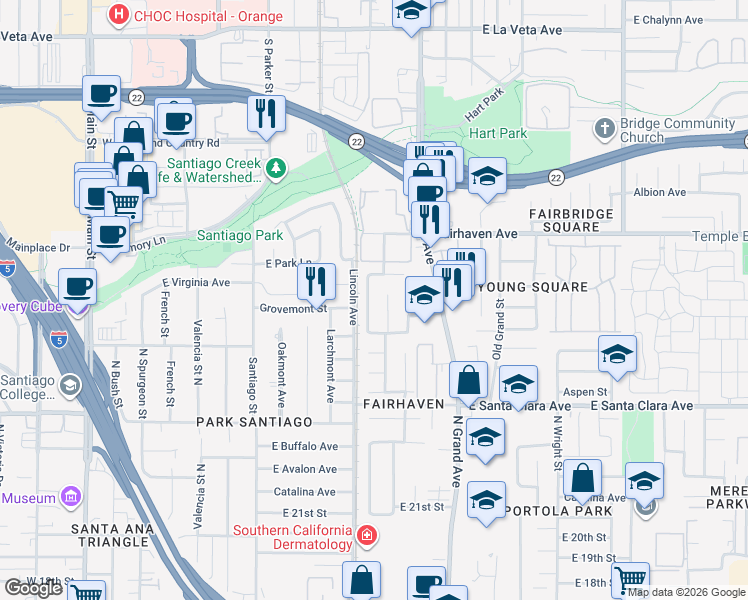 map of restaurants, bars, coffee shops, grocery stores, and more near 2513 Brynwood Street in Santa Ana