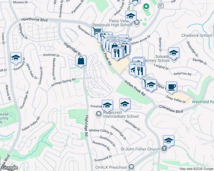 map of restaurants, bars, coffee shops, grocery stores, and more near 85 Aspen Way in Rolling Hills Estates