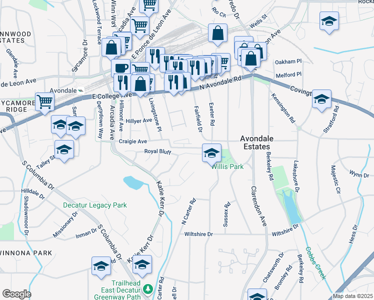 map of restaurants, bars, coffee shops, grocery stores, and more near 2854 Royal Bluff in Decatur