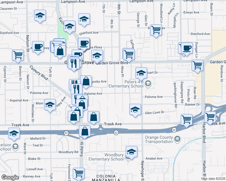 map of restaurants, bars, coffee shops, grocery stores, and more near 13211 Sandra Place in Garden Grove