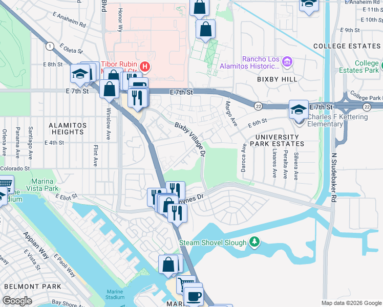 map of restaurants, bars, coffee shops, grocery stores, and more near 6008 Bixby Village Drive in Long Beach