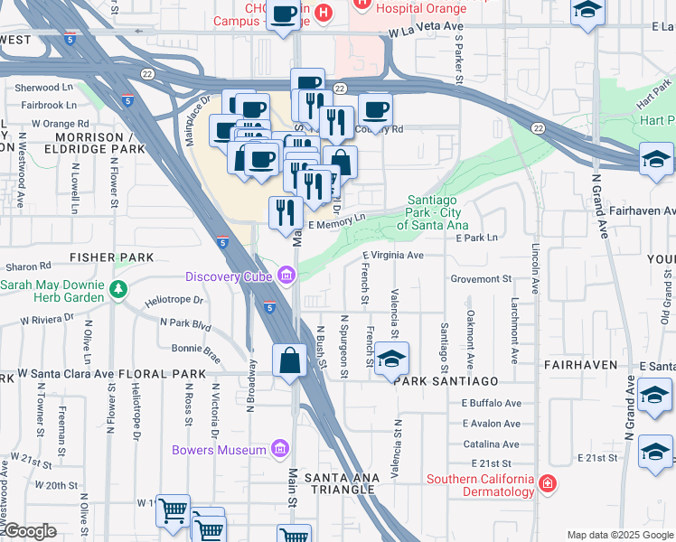 map of restaurants, bars, coffee shops, grocery stores, and more near 2538 North Spurgeon Street in Santa Ana