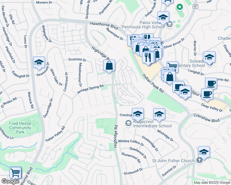 map of restaurants, bars, coffee shops, grocery stores, and more near 16 Sycamore Lane in Rolling Hills Estates