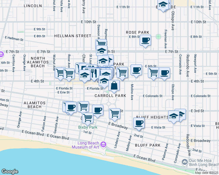 map of restaurants, bars, coffee shops, grocery stores, and more near 370 Junipero Avenue in Long Beach