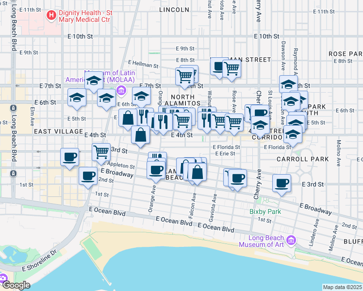 map of restaurants, bars, coffee shops, grocery stores, and more near 1335 E Florida St in Long Beach
