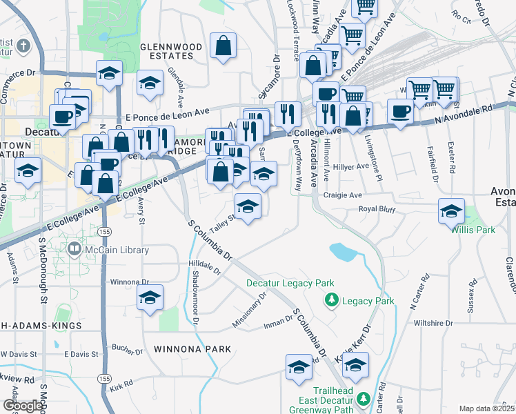 map of restaurants, bars, coffee shops, grocery stores, and more near 2634 Talley Street in Decatur