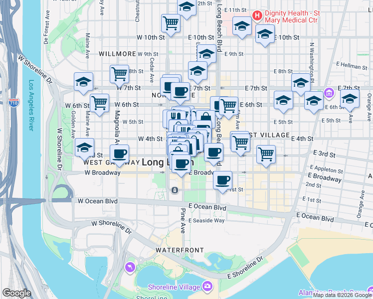 map of restaurants, bars, coffee shops, grocery stores, and more near in Long Beach