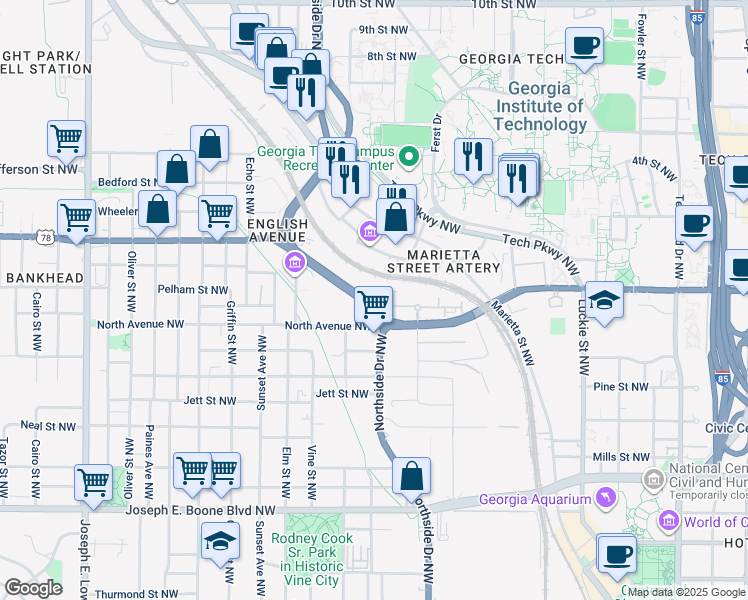 map of restaurants, bars, coffee shops, grocery stores, and more near 605 Northside Drive Northwest in Atlanta
