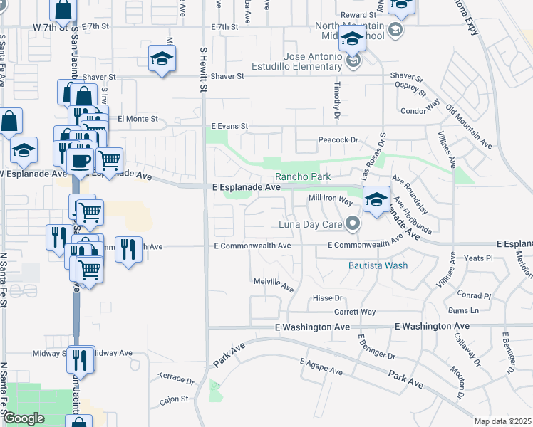 map of restaurants, bars, coffee shops, grocery stores, and more near 802 Perla Court in San Jacinto