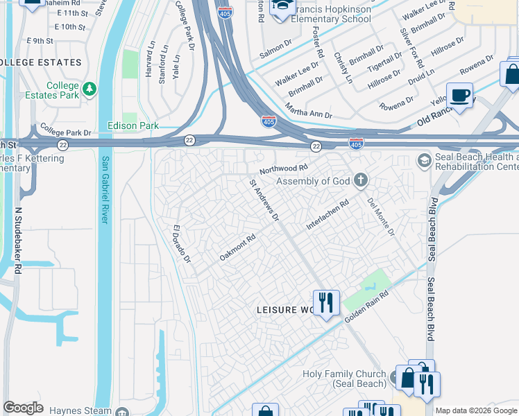 map of restaurants, bars, coffee shops, grocery stores, and more near 13221 Saint Andrews Drive in Seal Beach