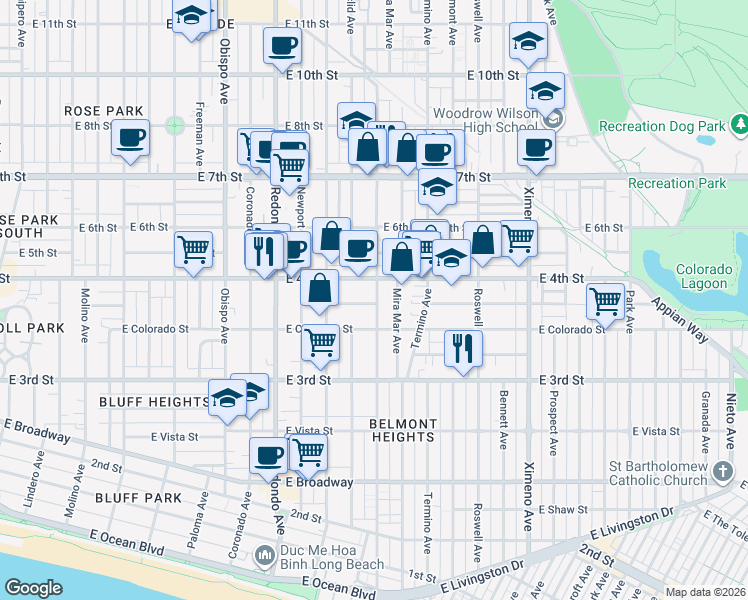 map of restaurants, bars, coffee shops, grocery stores, and more near 377 Grand Avenue in Long Beach