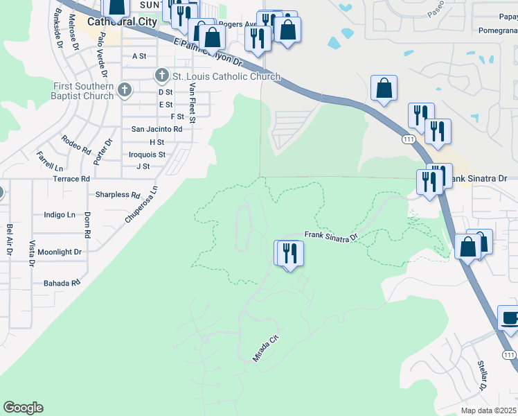 map of restaurants, bars, coffee shops, grocery stores, and more near 27 Santa Rosa Mountain Lane in Rancho Mirage