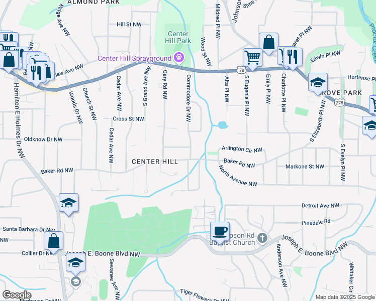 map of restaurants, bars, coffee shops, grocery stores, and more near 2178 Baker Terrace Northwest in Atlanta