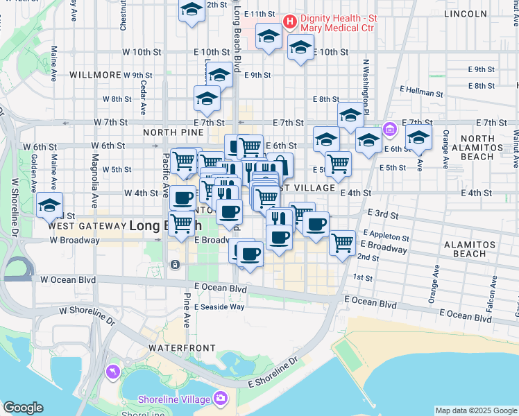map of restaurants, bars, coffee shops, grocery stores, and more near 319 Elm Avenue in Long Beach