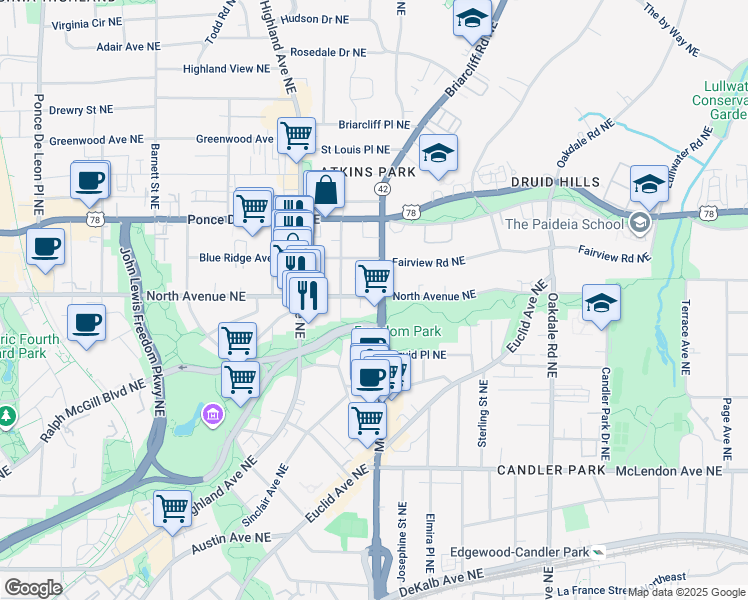 map of restaurants, bars, coffee shops, grocery stores, and more near 608 Moreland Avenue Northeast in Atlanta