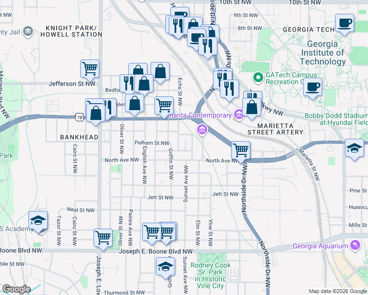 map of restaurants, bars, coffee shops, grocery stores, and more near 693 Dalvigney Street Northwest in Atlanta