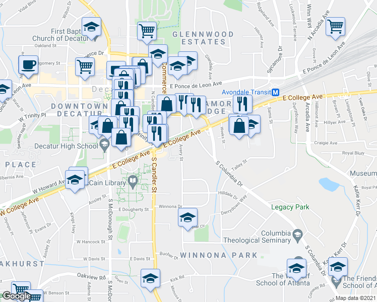 map of restaurants, bars, coffee shops, grocery stores, and more near 124 Avery St in Decatur