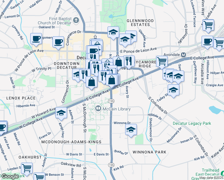 map of restaurants, bars, coffee shops, grocery stores, and more near 303 East College Avenue in Decatur