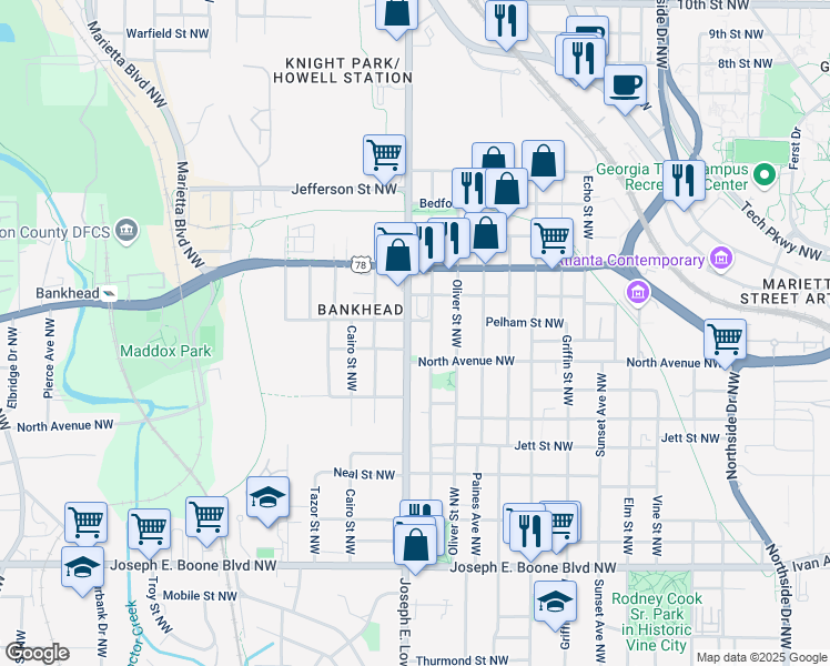 map of restaurants, bars, coffee shops, grocery stores, and more near 593 Joseph E. Lowery Boulevard Northwest in Atlanta