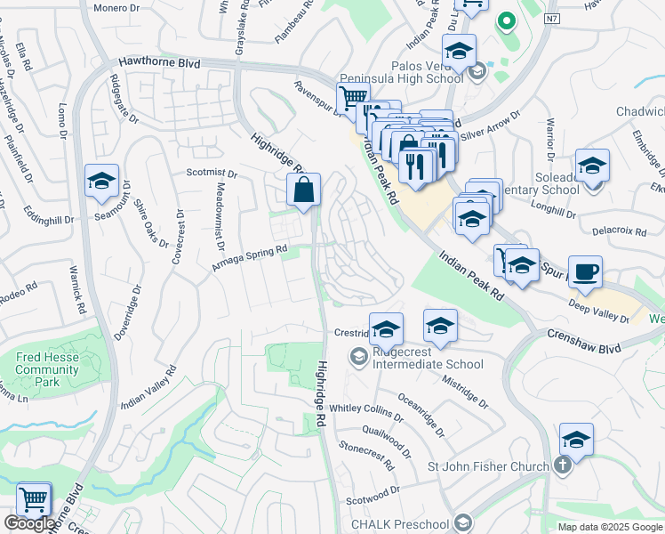 map of restaurants, bars, coffee shops, grocery stores, and more near 15 Sycamore Lane in Rolling Hills Estates