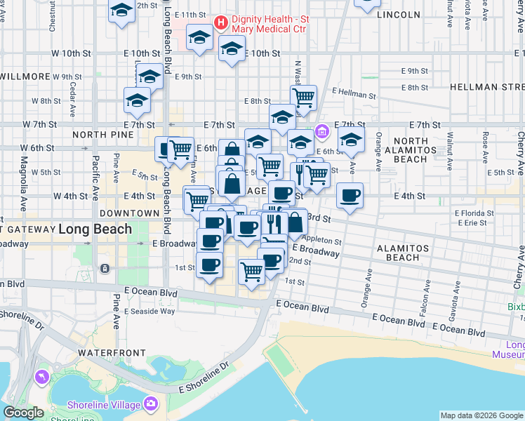 map of restaurants, bars, coffee shops, grocery stores, and more near 320 Lime Avenue in Long Beach