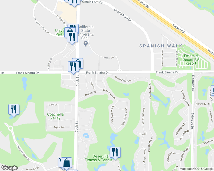 map of restaurants, bars, coffee shops, grocery stores, and more near 362 Muirfield Drive in Palm Desert