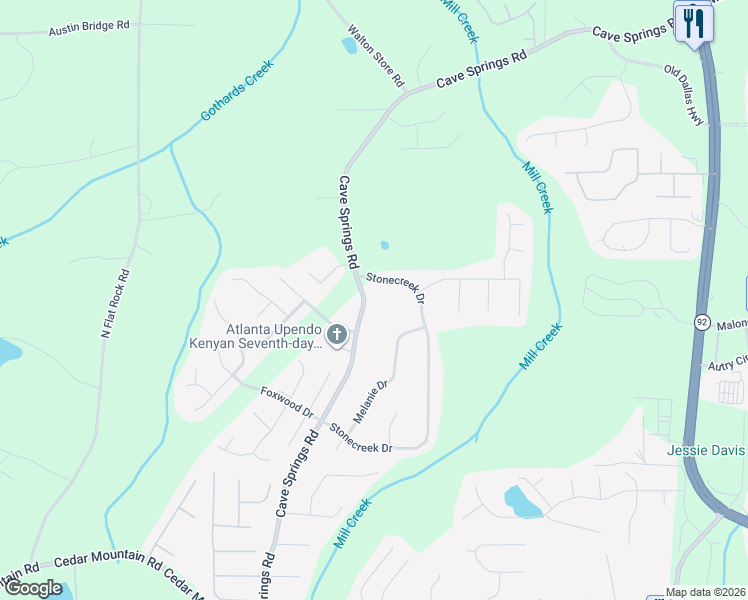 map of restaurants, bars, coffee shops, grocery stores, and more near 1330 Cave Springs Rd in Douglasville