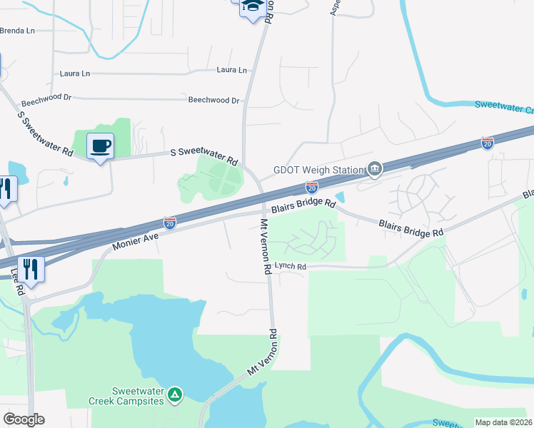 map of restaurants, bars, coffee shops, grocery stores, and more near 1265 Mount Vernon Road in Lithia Springs