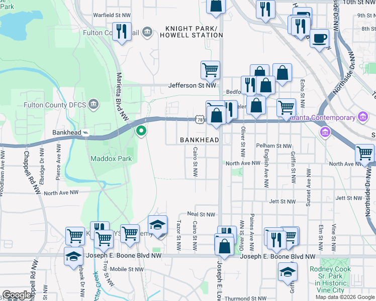 map of restaurants, bars, coffee shops, grocery stores, and more near 593 Simmons Street Northwest in Atlanta