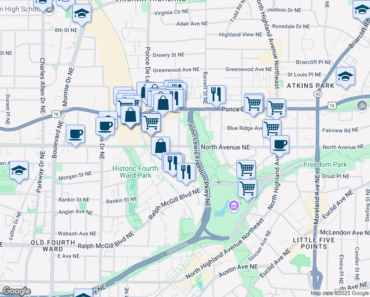 map of restaurants, bars, coffee shops, grocery stores, and more near 819 North Avenue Northeast in Atlanta