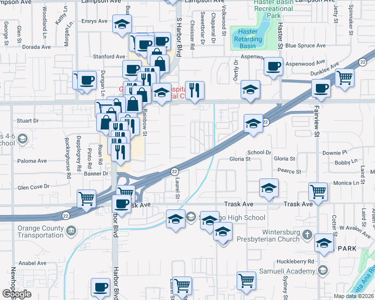 map of restaurants, bars, coffee shops, grocery stores, and more near 12346 Flint Place in Garden Grove