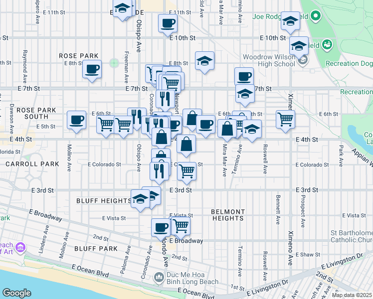 map of restaurants, bars, coffee shops, grocery stores, and more near 381 Loma Avenue in Long Beach